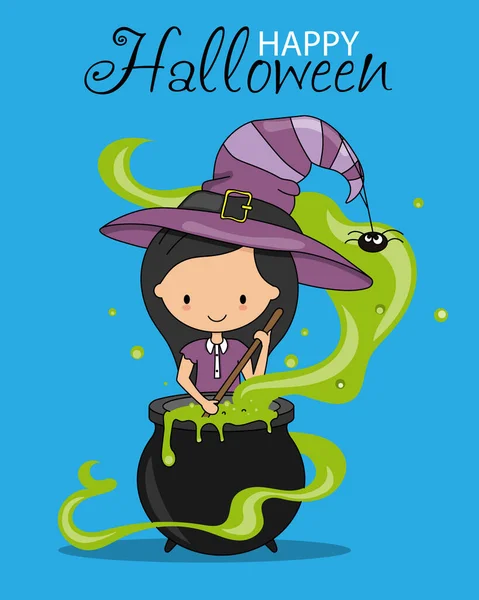 Feliz Tarjeta Halloween Bruja Revolviendo Una Poción — Vector de stock