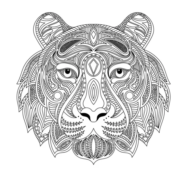 Illustration Livre Coloriage Tête Tigre Coloration Antistress Pour Adultes Lignes — Image vectorielle