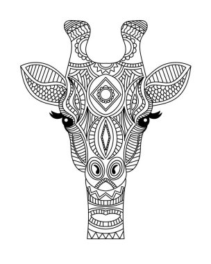 Zürafa baş boyama kitabı illüstrasyonu. Yetişkinler için stres önleyici boya. siyah ve beyaz çizgiler. Tişört ve boyama kitapları için yazdır.