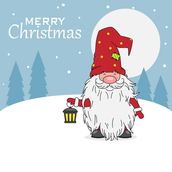 Χριστουγεννιάτικη Κάρτα Gnome Ένα Φανάρι Και Χιονισμένο Τοπίο Στο Παρασκήνιο — Διανυσματικό Αρχείο