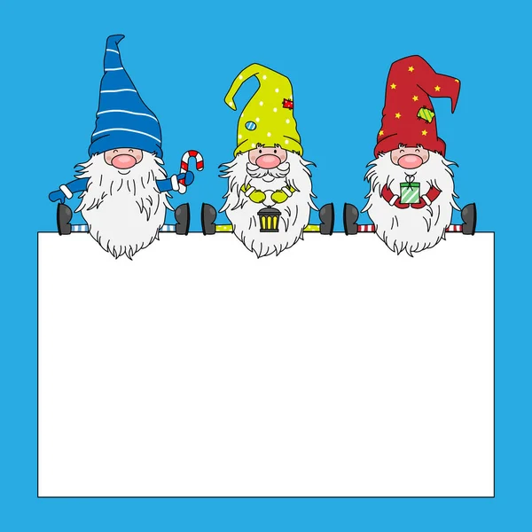 Tarjeta Navidad Tres Gnomos Con Signo Blanco — Archivo Imágenes Vectoriales