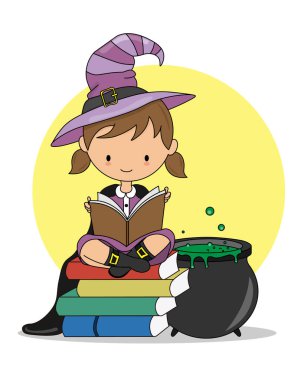 Mutlu Cadılar Bayramı kartları. - Evet. Cadı iksirin yanında kitap okuyor. vektör illüstrasyonu