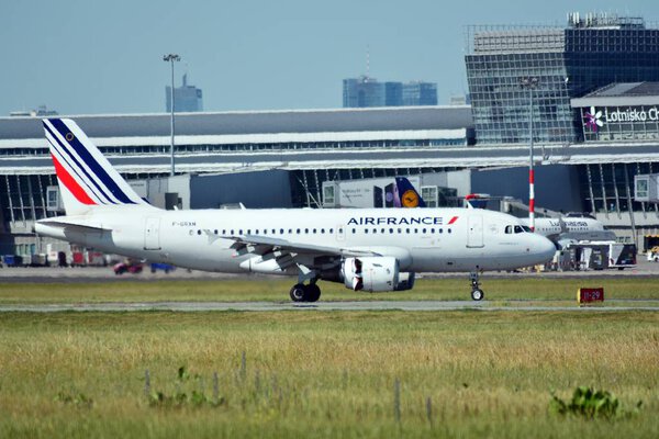 Warsaw, Poland. 8 June 2018. Passenger airplane F-GRXM - Airbus A319-111 - Air France is flying from the runway of Warsaw Chopin Airport