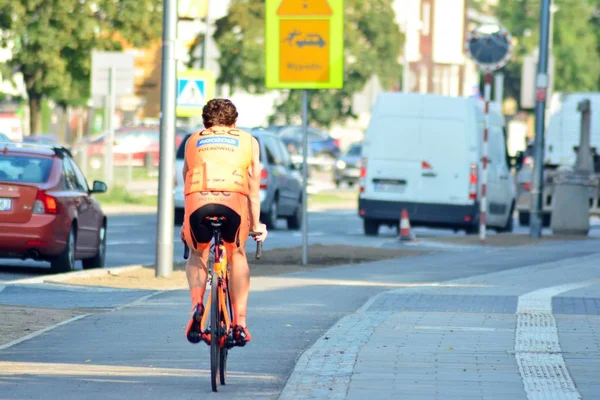 Varsóvia Polónia Julho 2018 Ciclista Profissional Vestuário Ciclismo Equipamento Proteção — Fotografia de Stock