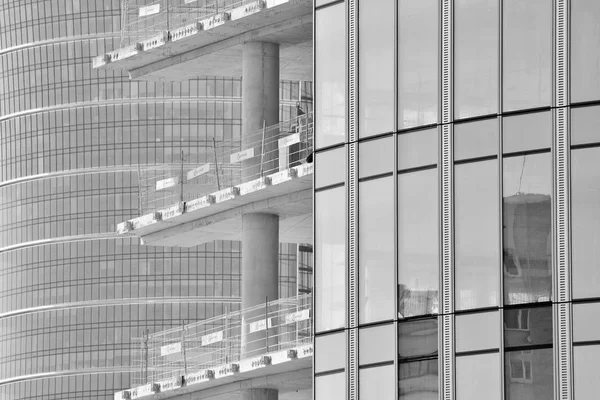 Building under construction. Construction site. Black and white