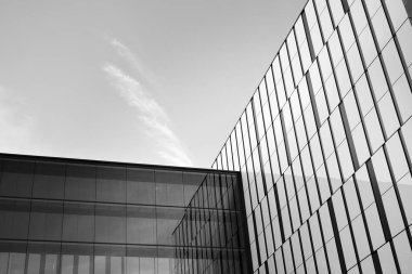 Modern ofis binası duvar yapılmış çelik ve cam. Siyah ve beyaz.