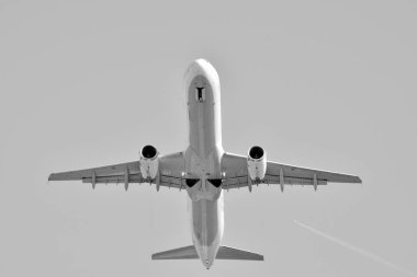 Gökyüzü uçakta. Siyah ve beyaz.