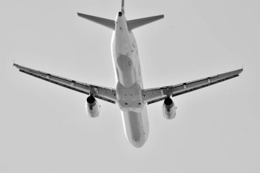 Gökyüzü uçakta. Siyah ve beyaz.