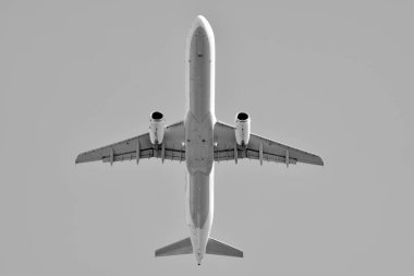 Gökyüzü uçakta. Siyah ve beyaz.