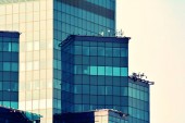 Moderní kancelářská budova na jasné obloze na pozadí. Efekt retro stylizované barevných tónů filtru