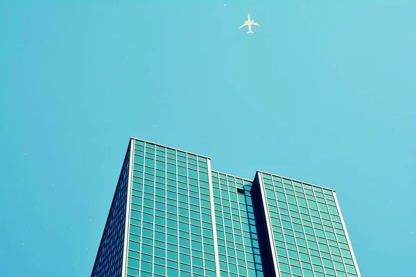 Modern Office Building Clear Sky Background Retro Stylized Colorful Tonal — Stock Photo, Image