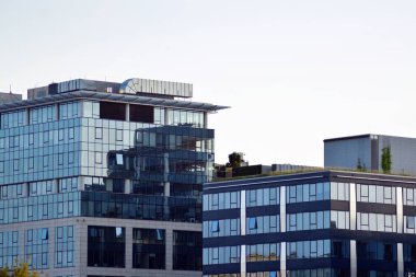 Çağdaş mimarinin, beton ve camdan duvarlar soyut parçası. Cam giydirme cephe modern ofis binası
