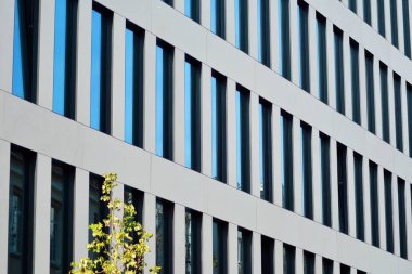 Çağdaş mimarinin, beton ve camdan duvarlar soyut parçası. Cam giydirme cephe modern ofis binası