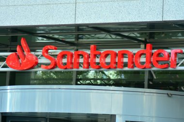 Warsaw, Poland. 15 October 2018. Sign Santander. Company signboard Santander. clipart