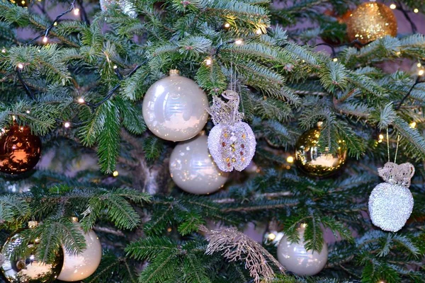 Fondo Decoración Navideña Estacional Como Fragmento Árbol Navidad Decorado —  Fotos de Stock