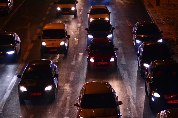 Varşova Polonya Aralık 2018 Gece Trafik Jam Kasprzaka Caddesi Üzerinde — Stok fotoğraf