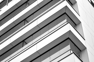 Çağdaş mimarinin soyut parçası. Konut modern bina. Siyah ve beyaz.