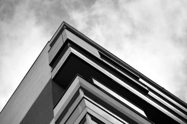 Çağdaş mimarinin soyut parçası. Konut modern bina. Siyah ve beyaz.