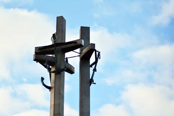Gdansk Poland January 2019 Three Crosses Anchors Monument Fallen Workers — Stock Photo, Image