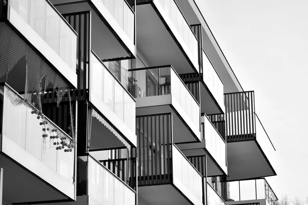 Modern European residential apartment building. Black and white.