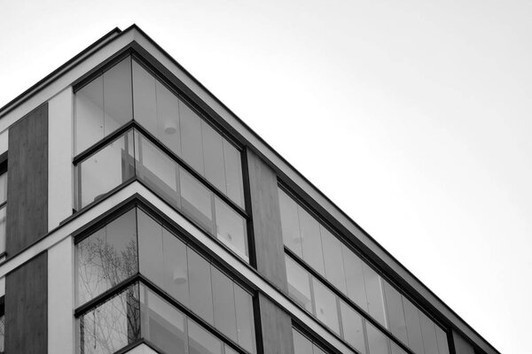 Modern European residential apartment building. Black and white.