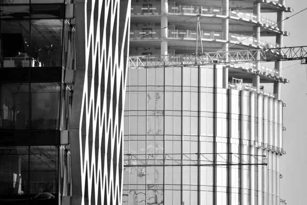 Detail view of skyscraper construction. Black and white.