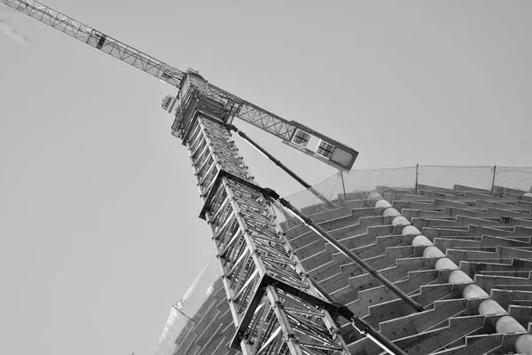 Guindaste Ligado Edifício Preto Branco — Fotografia de Stock