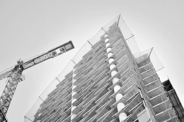 Dźwig Dołączony Budynku Czarno Białe — Zdjęcie stockowe