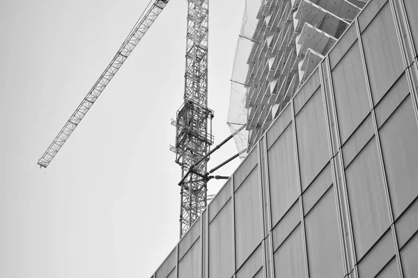Kran Gebäude Angebracht Schwarz Weiß — Stockfoto