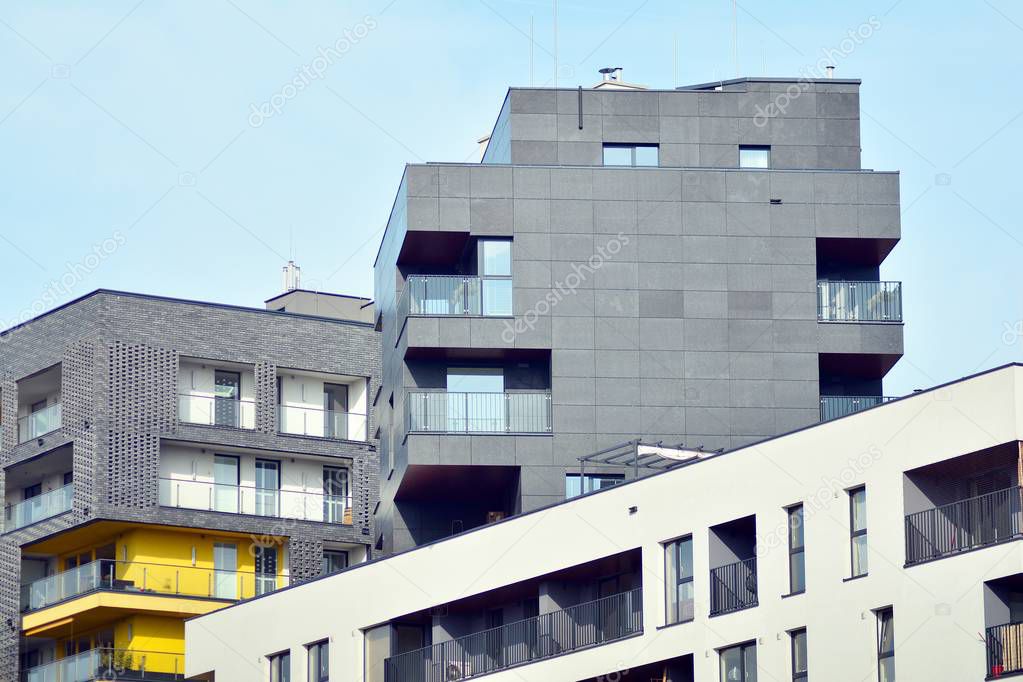 Futuristic architecture of apartment building. Modern residential architecture