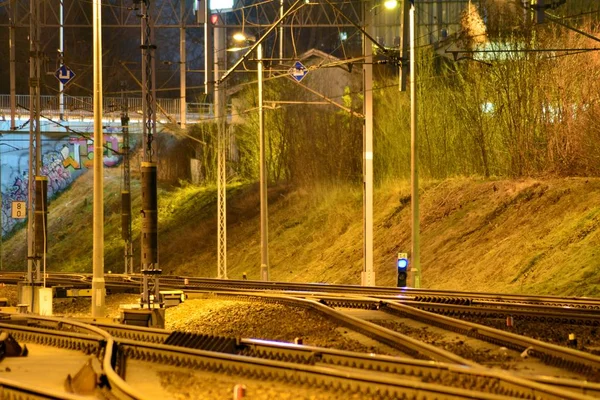 Trilhas Ferroviárias Confusas Noite — Fotografia de Stock