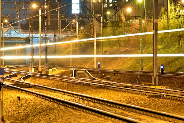 Trens Movimento Com Longa Exposição Noite — Fotografia de Stock