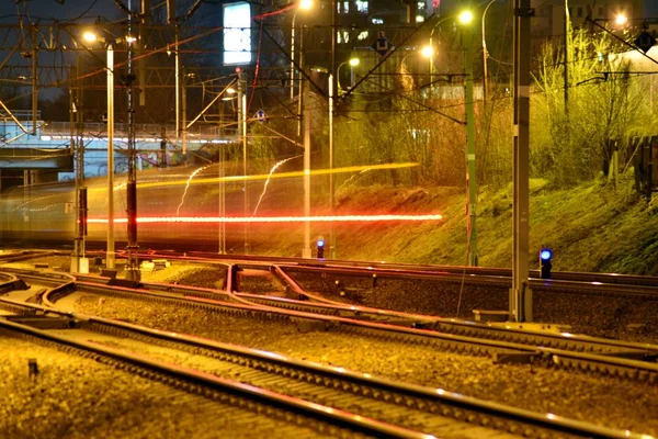 Mozgás Hosszú Expozíció Éjszaka Vonatok — Stock Fotó