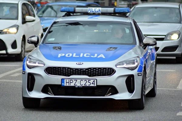 Varsovie Pologne Mars 2019 Voiture Police Patrouille Avec Panneau Police — Photo