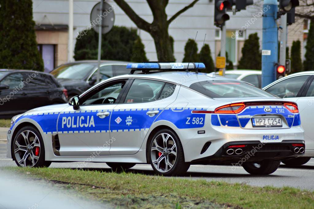Warsaw, Poland. 8 March 2019. Police car on patrol with the police sign on the door.