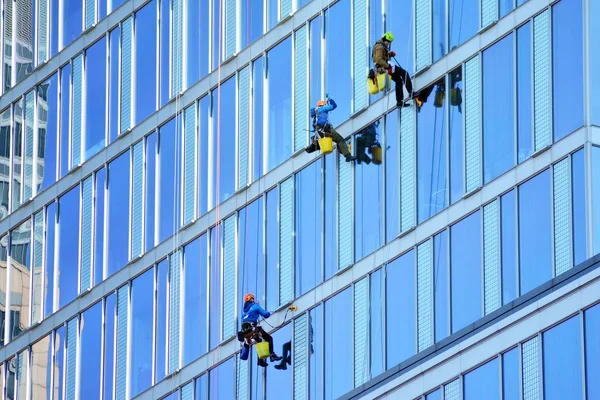 Escaliers Laver Les Fenêtres Façade Vitrée Gratte Ciel — Photo