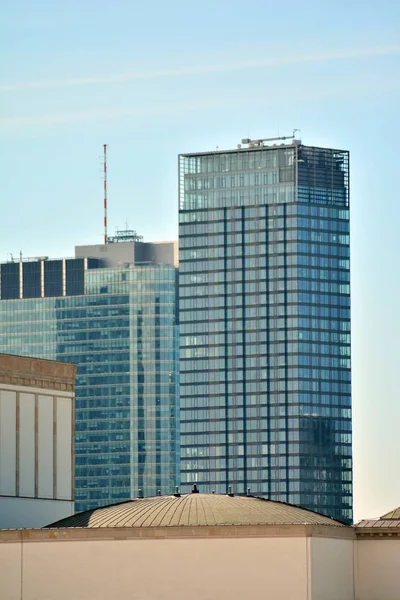 Varsóvia Polónia Abril 2019 Vista Aérea Centro Arranha Céus Negócios — Fotografia de Stock