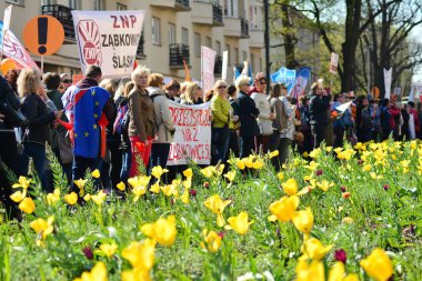 Varşova, Polonya. 23 Nisan 2019. Binlerce öğretmenin yanı sıra veliler ve onlara destek veren öğrenciler, öğretmenlerin 16. Ana gösteri Varşova'da Eğitim Bakanlığı önünde gerçekleşti.