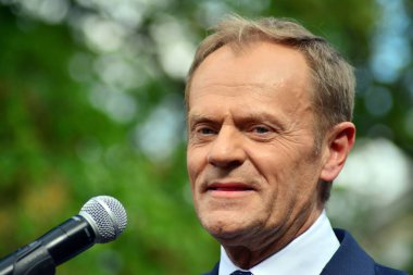Varşova, Polonya.3 Mayıs 2019. Varşova'da bulunan Avrupa Konseyi Başkanı Donald Tusk, Polonya'nın siyasi liderlerini bir konuşmasında 