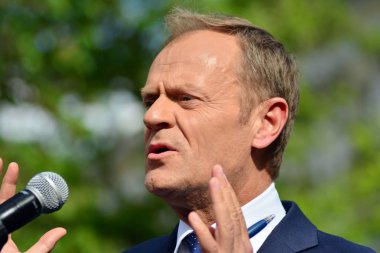 Varşova, Polonya.3 Mayıs 2019. Varşova'da bulunan Avrupa Konseyi Başkanı Donald Tusk, Polonya'nın siyasi liderlerini bir konuşmasında 