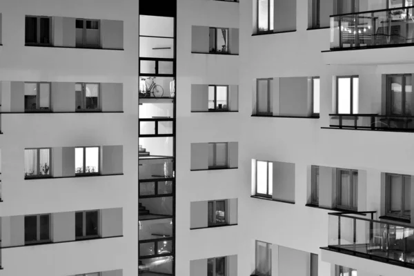 Exterior Apartment Building Night Black White — Stock Photo, Image