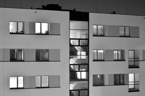 Exterior Apartment Building Night Black White — Stock Photo, Image