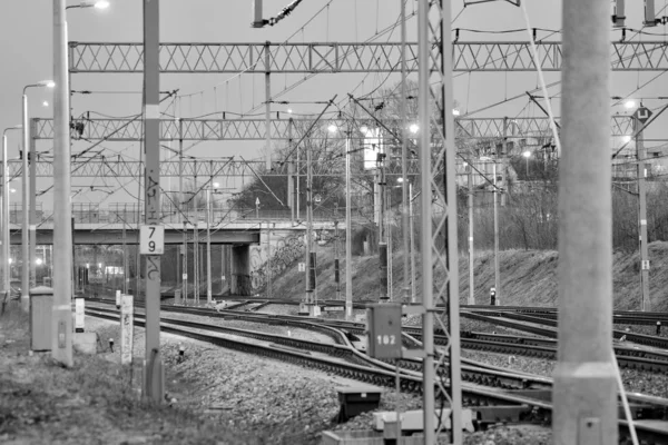 Confusing Railway Tracks Night Black White — Stock Photo, Image