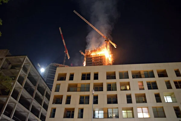 Warsaw, Poland. 7 June 2019. A fire at the Warsaw Hub construction site. Fire in a high-rise building.