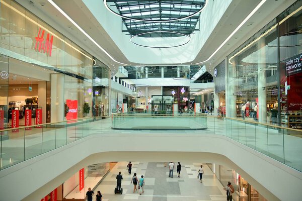 Warsaw, Poland. 18 June 2019. Interior of modern shopping center Galeria Mlociny.