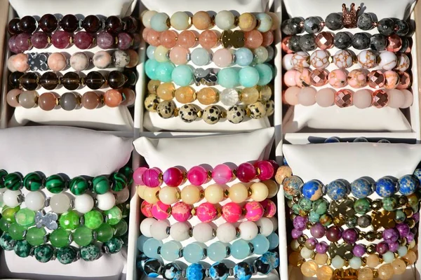 Women Colorful Stone Bracelets Handmade Colourful Beads Bracelets Isolated White — Stock Photo, Image