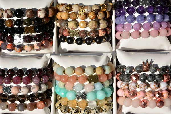 Women Colorful Stone Bracelets Handmade Colourful Beads Bracelets Isolated White — Stock Photo, Image