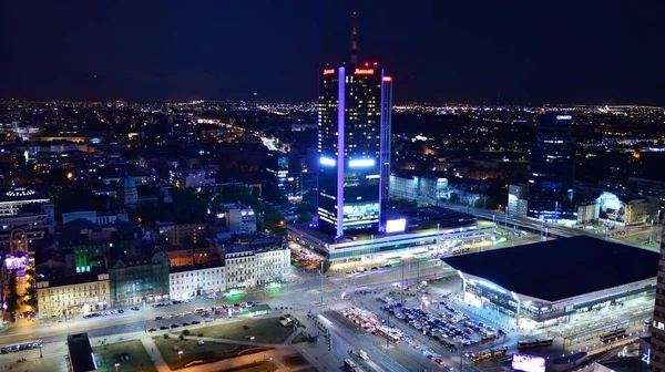 Varsovia Polonia Agosto 2019 Vista Nocturna Rascacielos Edificios Vista Aérea — Foto de Stock