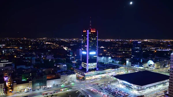 Warszawa Polska Sierpnia 2019 Nocny Widok Wieżowców Budynków Widok Lotu — Zdjęcie stockowe