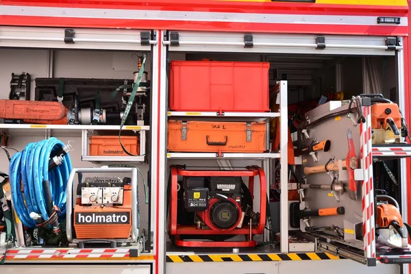 Warschau Polen Augustus 2019 Brandweeruitrusting Brandweer Slangen Andere Apparatuur Een — Stockfoto